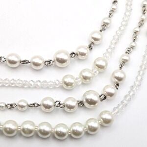 Premier Designs Long Faux Pearl‎ and Glass Beads on Silvertone Link Necklace 63"